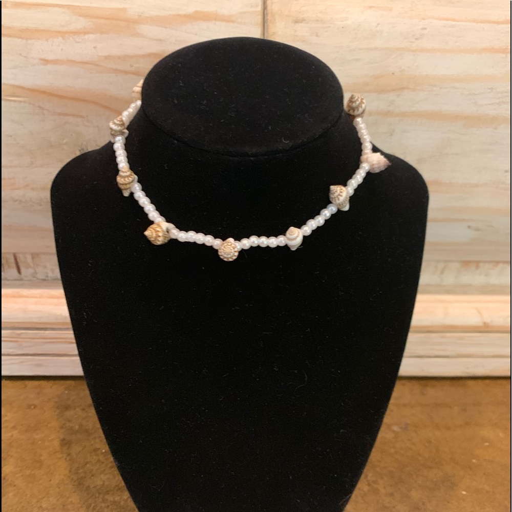 Handmade Stretchable White Bead and Shell Choker